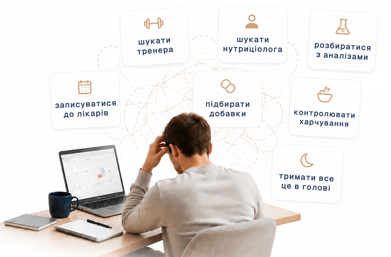 Людина оточена завданнями зі здоровʼя: тренер, нутриціолог, аналізи, добавки, лікарі, харчування